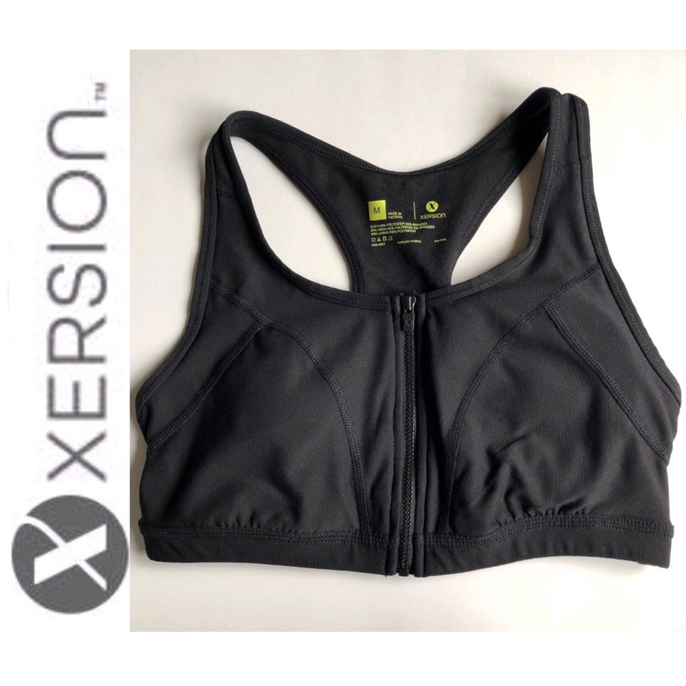 NEW XERSION Sports Bra Front Zip High Support Black Medium Women’s NWOT